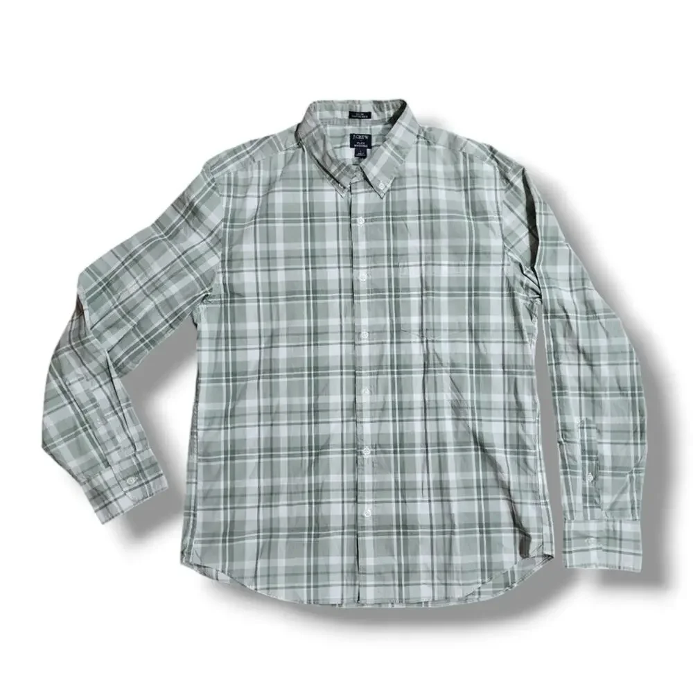 J.Crew Flex Washed Slim Untucked Moss Greem Plaid Button Down Shirt